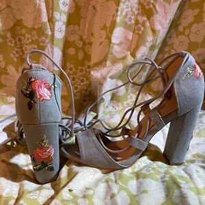 Embroidered Lace-Up Block Heel Sandals